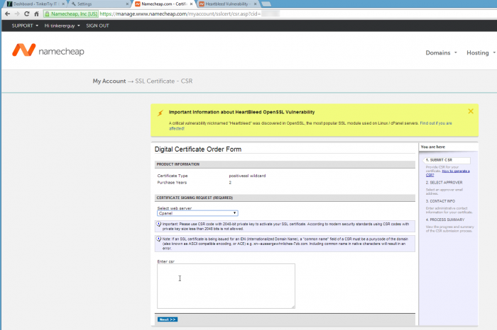 Namecheap-prompting-me-to-Enter-csr-with-CERT-ID-in-URL