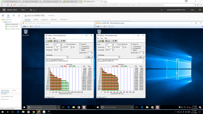 Test results for speed tests of NVMe versus SATA3 on Xeon D-1541