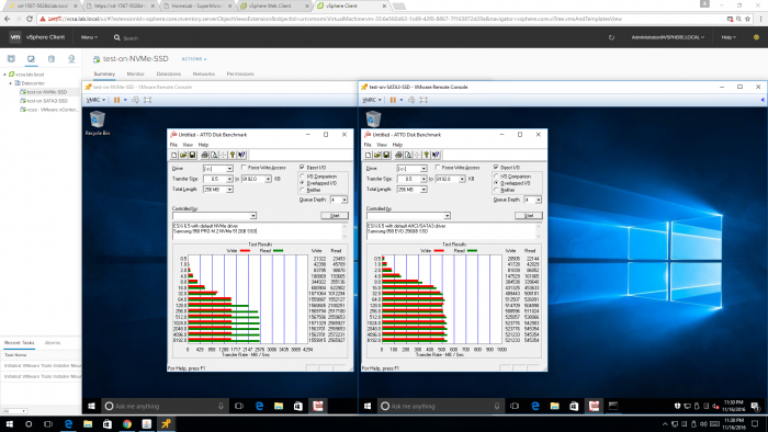 Test results for speed tests of NVMe versus SATA3 on Xeon D-1567