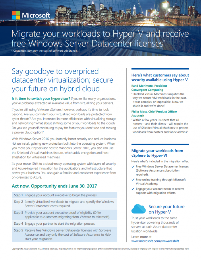 Migrate your workloads to Hyper-V and receive free Windows Server Datacenter licenses