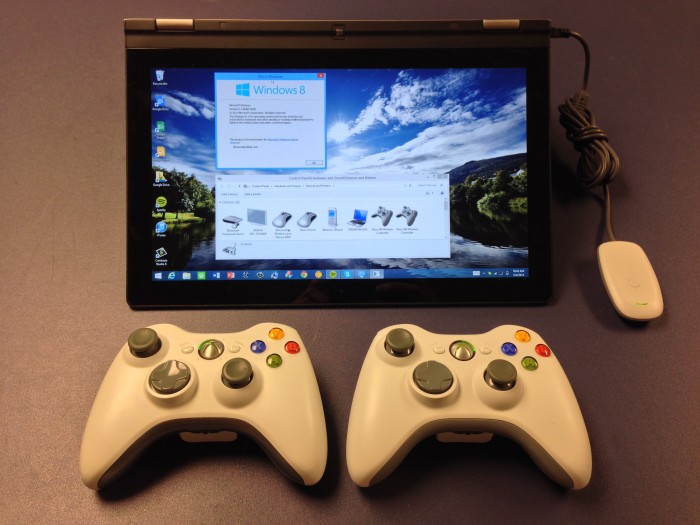2-Xbox-360-Wireless-Controllers-with-Yoga-13-running-Windows-8.1-ready-for-gaming-fun